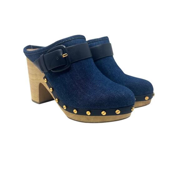 Veronica‎ Beard Dacey Denim Clogs Heels Studded Buckle Wood Blue Size 6 - Picture 2 of 13